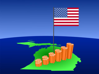 dollar graph on Michigan map with flag illustration