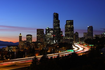 Seattle skyline and I-5 traffic after sunset