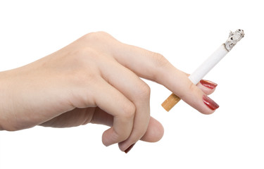 female hand with cigarette isolated on white