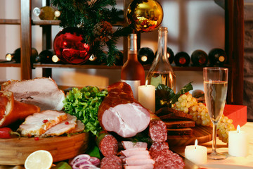 New Year party table on wine rack background.