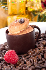 Tiramisu cake in chocolate cup served with fresh raspberry