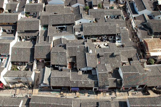 Houses in Shaoxing city, China. Bird's eye view showing roofs