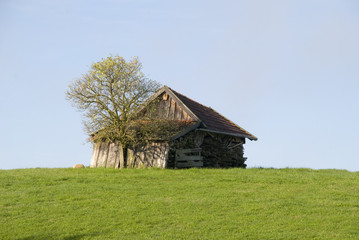 Fototapeta na wymiar Holzhütte auf einer Anhöhe.