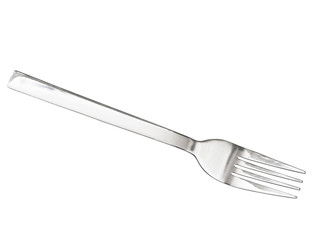Single silver fork against the white background