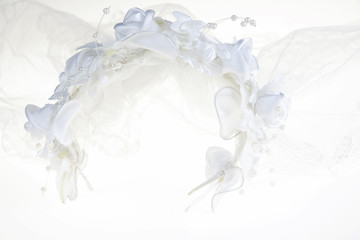 white wedding veil with headdress.Over white