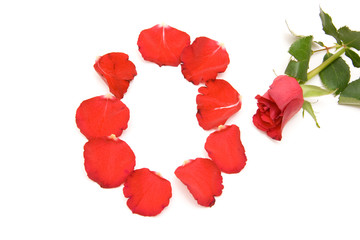 0 digit made of rose petals isolated on white