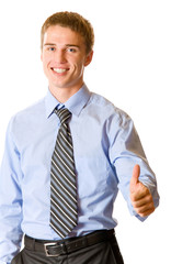 Businessman or student with affirmative gesture, isolated