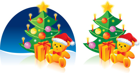Christmas tree, present, teddy bear with Santa hat. Vector