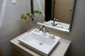 modern bathroom with sinks and mirror.