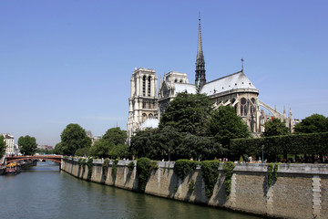 Exterior facade of Notre Dame Cathedral, Paris, France.