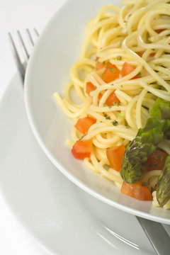 natural fresh spaghetti with tomato sauce and asparagus