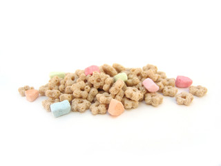 Fototapeta na wymiar small pile of marshmallow kids cereal over white background