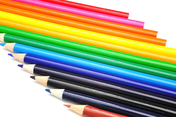 Colored pencils in various color shades in a horizontal view