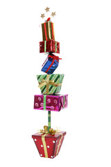 Several colorful presents in the shape of a Christmas tree