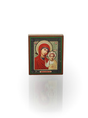 Little isolated russian icon standing on glassy background