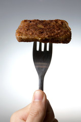 cooked meat on fork