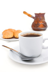 Breakfast with strong coffee in Turkish on the white background