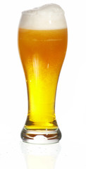 Glass of beer close-up with froth over white background
