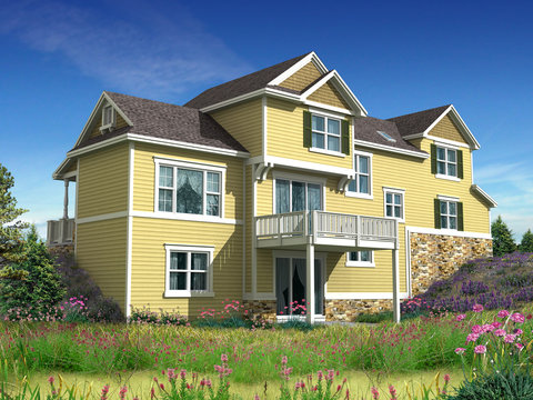 3d Model of house with yellow siding photo-matched in landscape