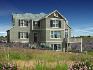3d Model of two level house photo-matched on grassy hilltop