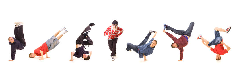 seven b-boys isolated on white