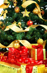 Christmas Tree and decorations. Over white background.