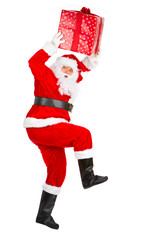 Happy running Christmas Santa. Isolated over white background.