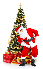 Smiling Santa and Christmas Tree. Over white background.