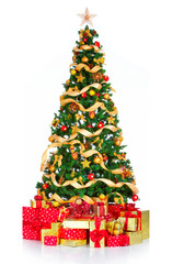 Christmas Tree and decorations. Over white background.