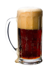 dark beer glass with foam, isolated on white