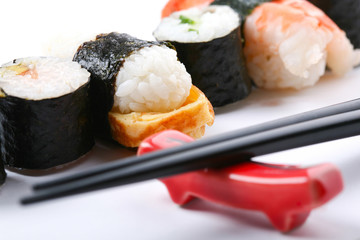 Stock Photo: Asia and food: prepared sushi on a plate