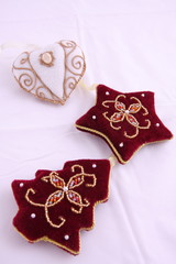 Velvet Christmas ornaments, heart, star and tree