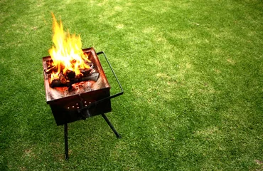 Papier Peint photo Lavable Flamme Feu de barbecue sur la pelouse
