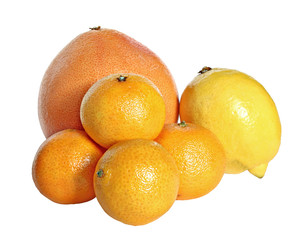 Grapefruit, lemon and tangerines on a white background.