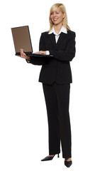 young blond business woman with laptop on white