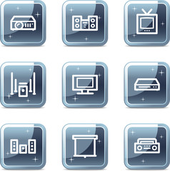 Audio video web icons, square blue mineral buttons series