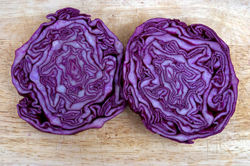 Red cabbage cut in half looking like a brain