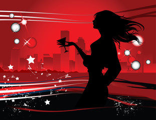 Silhouette of the woman in the night big city, illustration