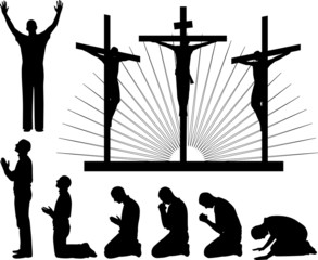 Silhouettes of the three crosses and praying man.