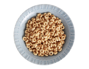 healthy cereal on blue bowl, isolated on white