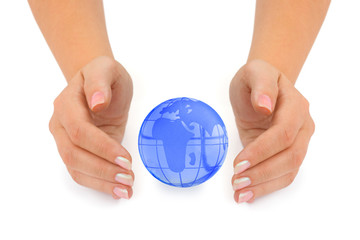 Earth in hands isolated on white background