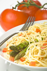 natural fresh spaghetti with tomato sauce and asparagus