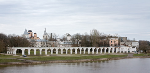 Panorama of embankment opposite Kremlin in Great Novgorod