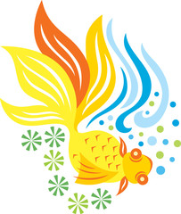 a golden fish swimming in the pond with leaf and water bubble.