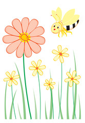 big and small flowers with smiling bee beside it.