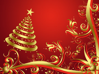 Christmas tree with golden flowers on red background #1