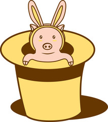 A pig inside a magic hat wearing a rabbit shape accessory