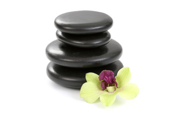 black pebbles with yellow orchid isolated on white