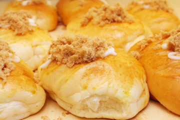 Close up of many chicken floss bun.