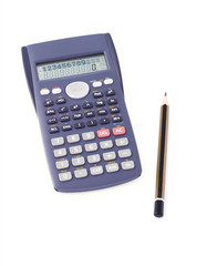 Scientific calculator and pencil on white background